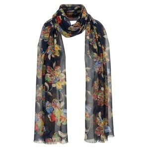 NEW Patricia Nash Le Fleur Viscose Scarf Navy Blue Floral Print Fringe